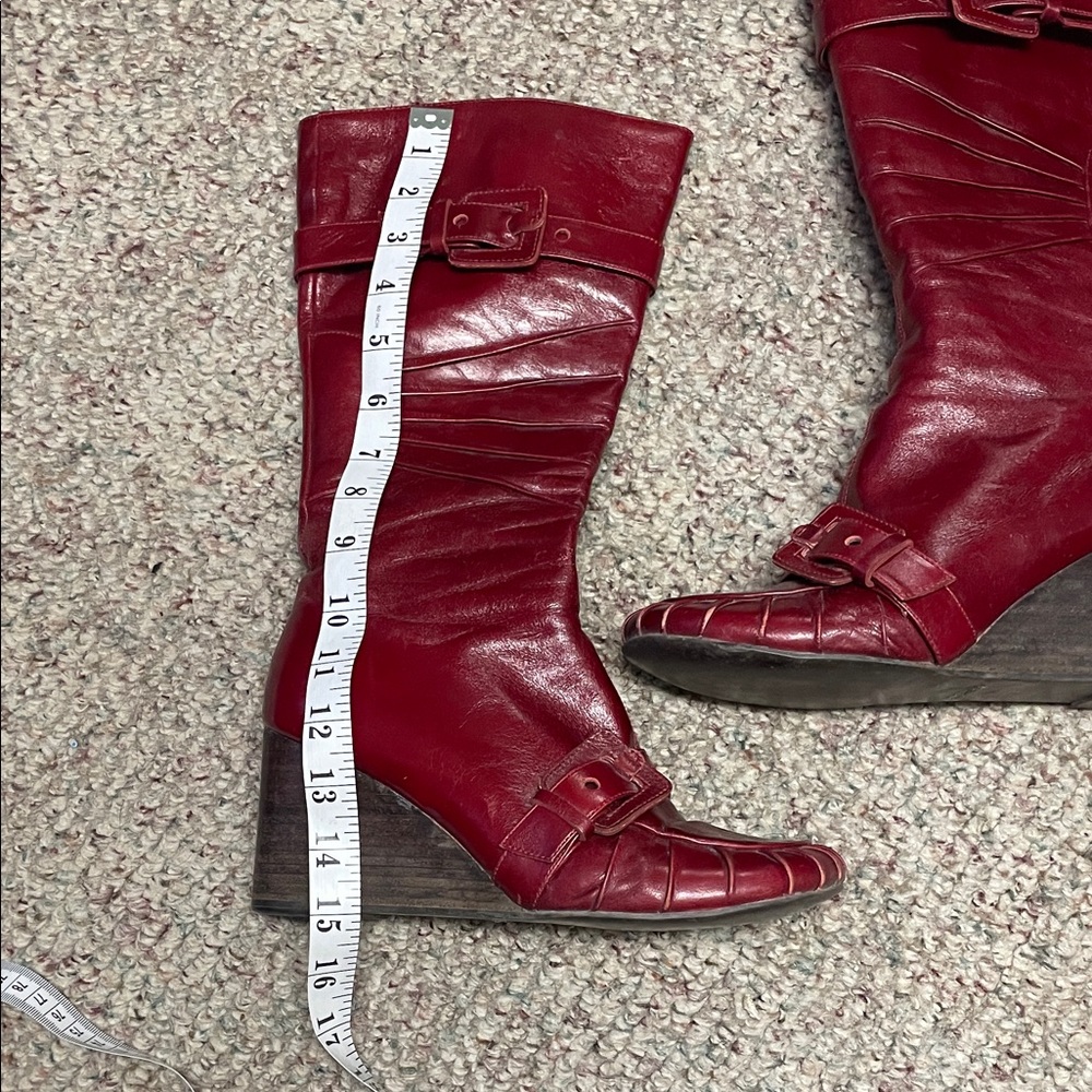 Miz mooz broadway red leather wedge heel boots with buckle strap accent - Picture 2 of 10